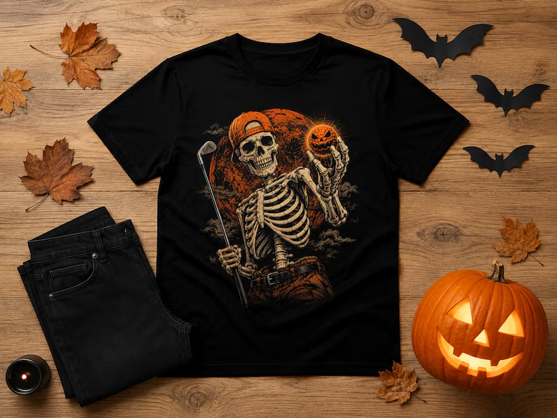 Skeleton Golfer Halloween T-Shirt – Spooky Vintage Golf Tee