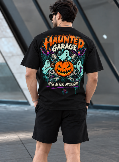Haunted Garage Halloween Unisex T-Shirt – Mechanic Ghost & Pumpkin Tee