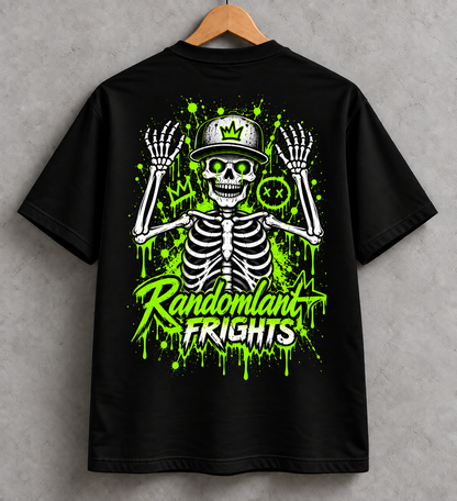 Randomland Frights Skeleton Graffiti Tee – Neon Green Halloween Streetwear Shirt