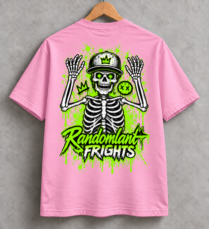 Randomland Frights Skeleton Graffiti Tee – Neon Green Halloween Streetwear Shirt